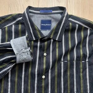 Tommy Bahama Button Up Shirt Mens 3XL Black Green Striped Long Sleeve Tribal